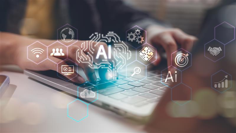 Mãos digitando em teclado de laptop com ícone brilhante de IA e símbolos relacionados à tecnologia, representando inteligência artificial.